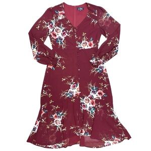 Suzanne Betro Floral Midi Maxi Dress Long Balloon Sleeve Medium Maroon V Neck